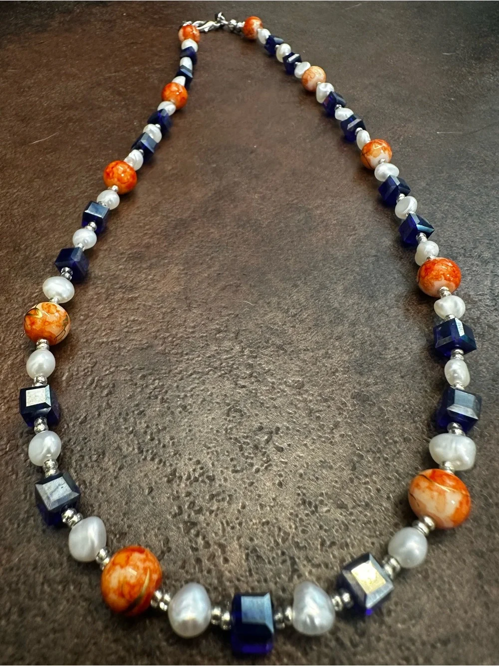 Freshwater Pearl Necklace with Orange and Navy Accents